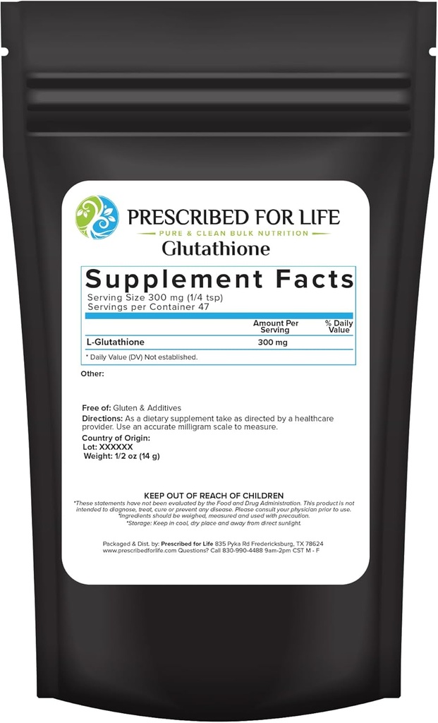 Voorgeschreven voor het leven L Glutathion poeder, Pure gereduceerd Glutathion, Tripeptide van Aminozuren Glycine, Glutamine, en Cysteine, Antioxidanten Supplement voor Immune Ondersteuning (0,5oz / 14g)