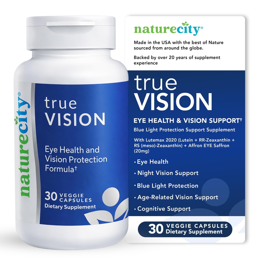 NatureCity True-Vision Eye Health Supplement - Plant-Based Lutein en Zeaxanthine met High Potency Saffron 20mg - Blue Light Protection, Support Central and Night Vision (30 Veggie Capsules)