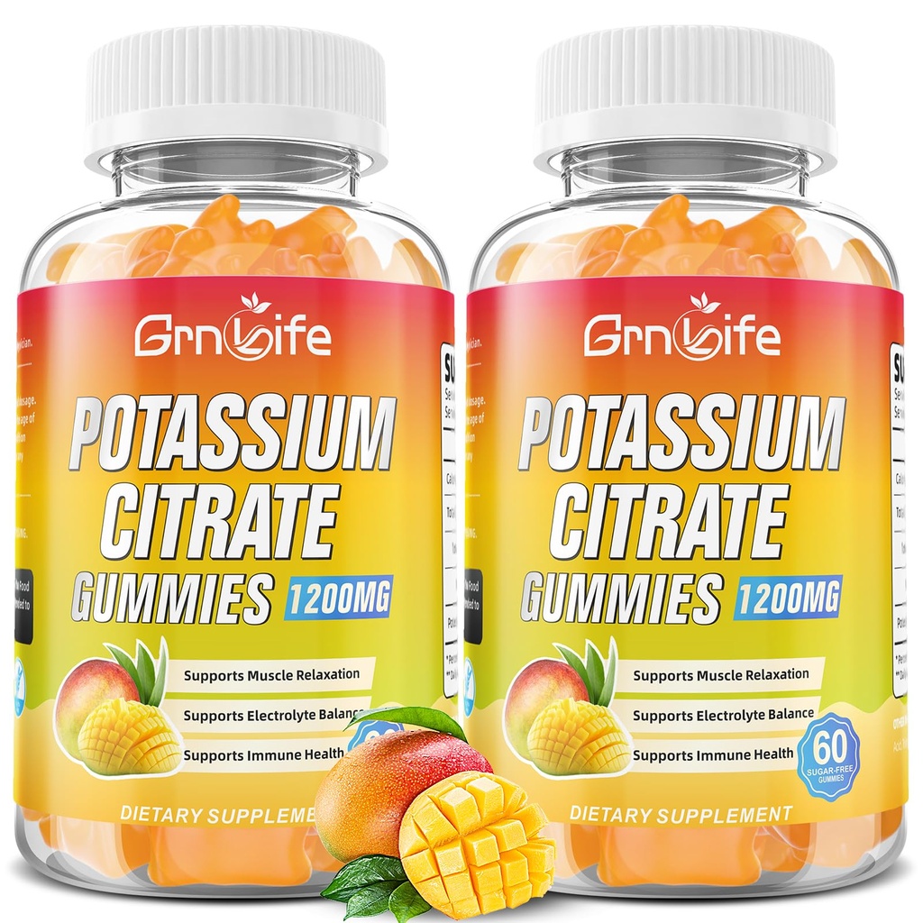 Kalium citraat Gummies, Hoge Kalium Supplement Gummies 1200mg Ondersteuning Been krampen en spier gezondheid, Kalium Gummies voor volwassenen en kinderen, Veganistan, Mango smaak 120 Tel.