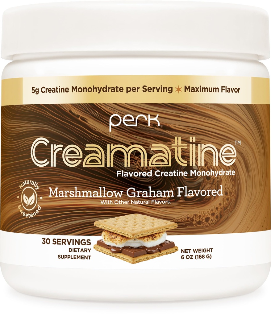 Perk Creamatine (Marshmallow Graham) 30 Servings - Flavored Creatine Monohydrate, 5g of Creatine per Serving, Naturally Sweetened, Zero Sugar, Gluten-Free, Soy-Free