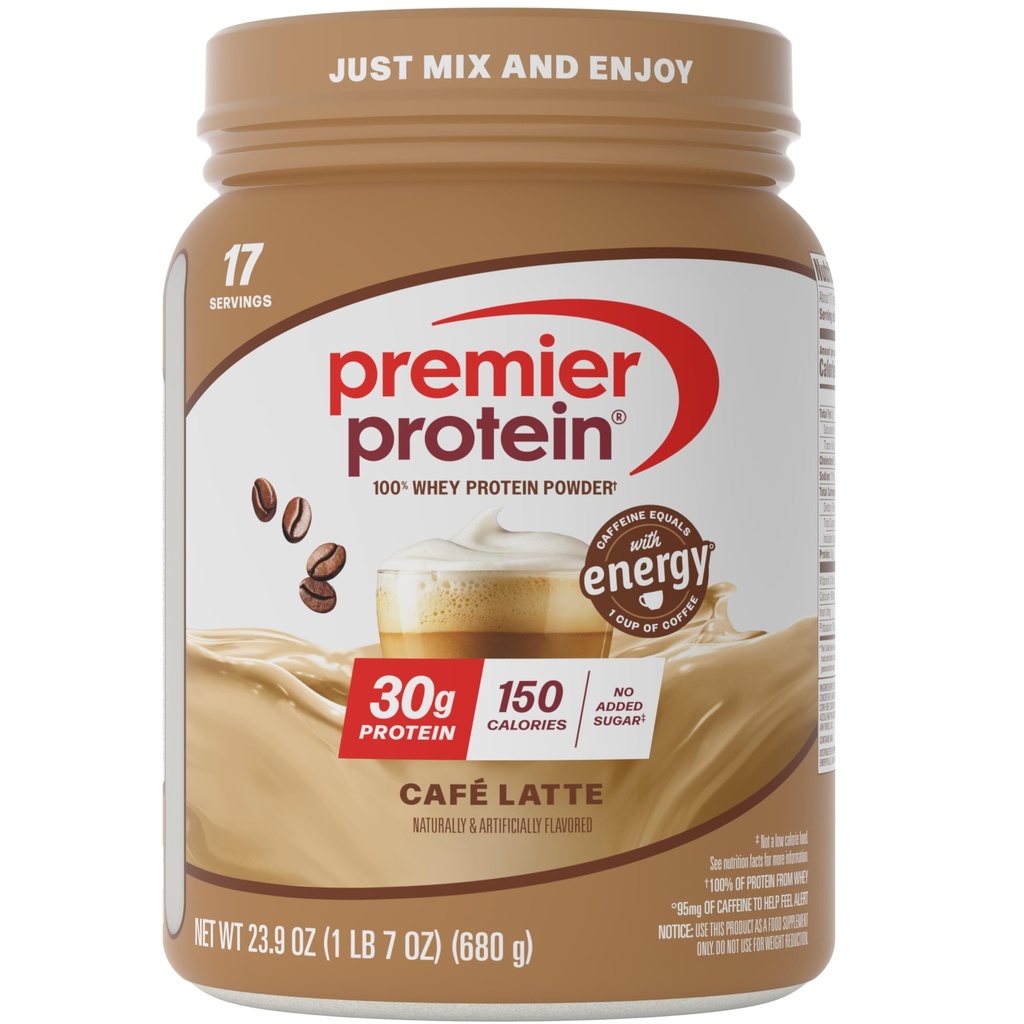 Premier poudre de protéines, Café Latte, 30g de protéines, 1g de sucre, 100% de lactoprotéine, Keto Friendly, sans gluten, sans soja, 95mg de caféine pour l'énergie, 23,9 oz (17 portions)