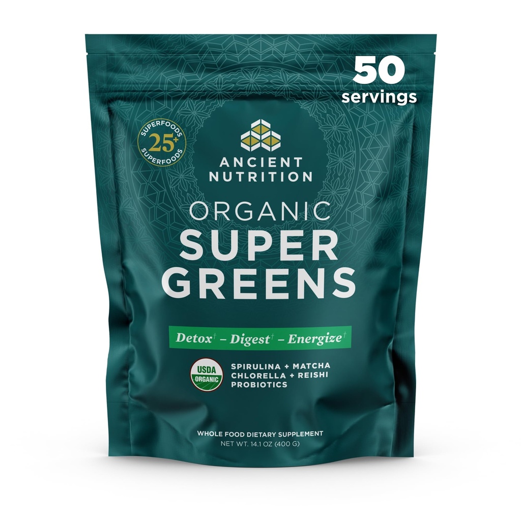 Poudre de Super Greens, poudre de Superfood biologique avec probiotiques fabriqués avec de la spiruline, Chlorella, Matcha et enzymes digestives, 50 portions, 14,1 oz