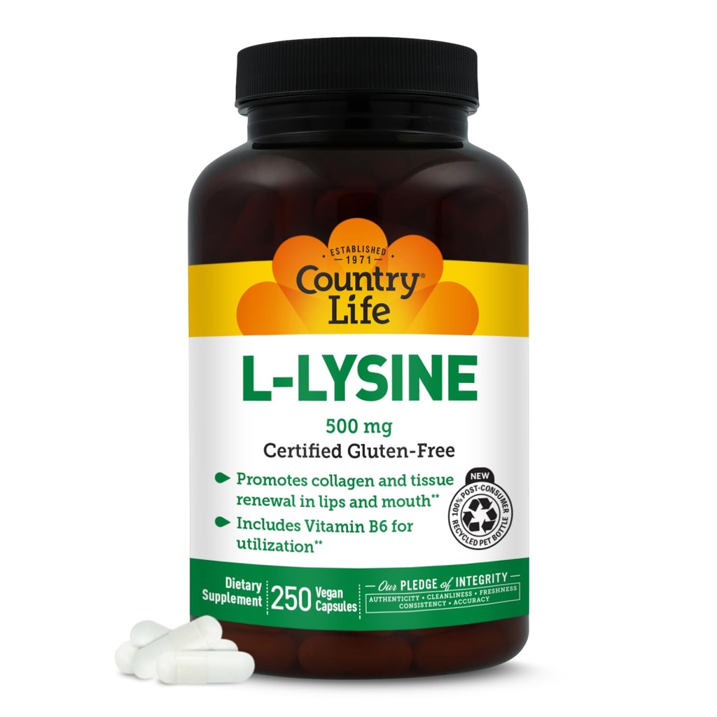 Country Life L-Lysine 500mg met B-6, Ondersteunt Immune Health, bevordert Collageen vernieuwing in lippen en mond, 250 Vegan Capsules, Gecertificeerde Glutenvrij, Gecertificeerde Veganistisch