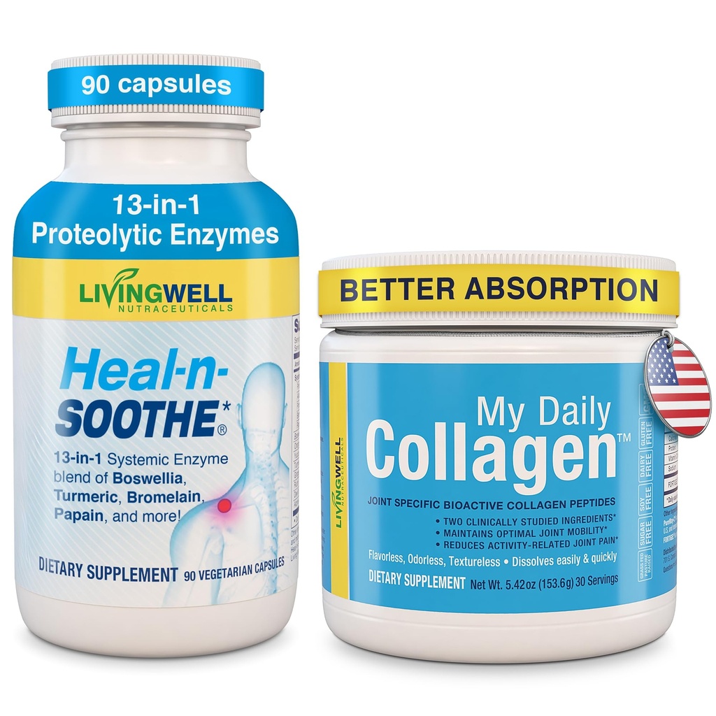 HEAL-N-SOOTHE & My Daily Collagen Bundle – Joint Supplement with Proteolytic Enzymes, Turmeric, Bromelain, Boswellia, Collagen Peptides, Vitamin C for Joint Support, Flexibility & Knee Health