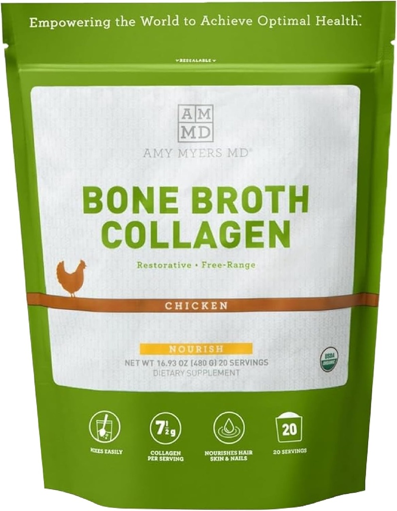 Amy Myers MD Bone Broth Collagen Powder - Organic Chicken Bone Broth - Ondersteunt gezonde huid & Nails - voor Gut Health & Joint Support - 20 porties, Kip smaak