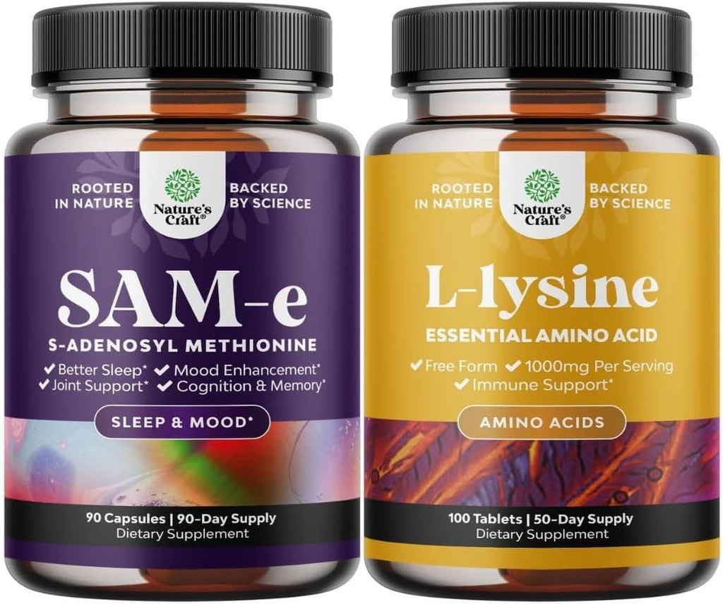 Bundle of Pure SAM E Supplement 150mg - Nootrope Same 150mg Per Serving for Memory & Brain Support and Lysine 1000mg Free Form - L-Lysine Supplement for Eye Health Lip Care Collagen Synthesis
