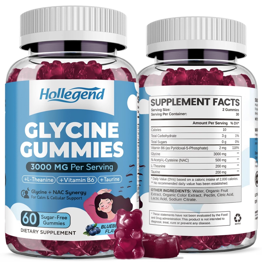Glycine 3g Gummies, Organic L-Glycine Supplements with NAC for Sleep & Cellular Support, Plus B6, L-Theanine & Taurine for Nerve, Liver Detox & Immune Health, Sugar Free, Vegan, 120 Chews