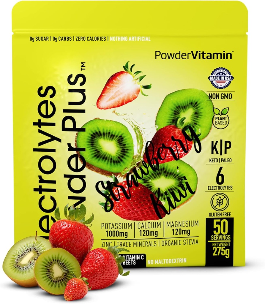 Electrolytes Powder Plus (50 porties), 0 Calorie Keto, 0 Suiker, Geen Maltodextrine,1000mg Kalium,120mg Calcium,120mg Magnesium, Hydratatiepoeder (50 porties, Aardbei Kiwi)