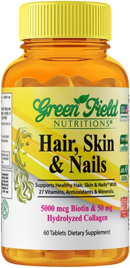 Greenfield Nutritions Halal Biotin Tablet voor volwassenen - 60 Halal Multivitamine voor haar huid en nagels - Hoge potentie 5000 mcg Biotine met 50 mg Collageen en mineralen - Gelatine Glutenvrij, Non-GMO Vitamine