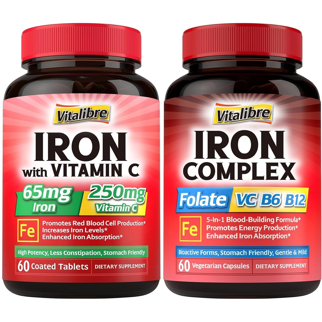 Supplément en fer pour les femmes et les hommes, avec vitamines C, B6, B12 & Folate + supplément en fer, 65mg de fer carbonyle avec 250mg de vitamine C