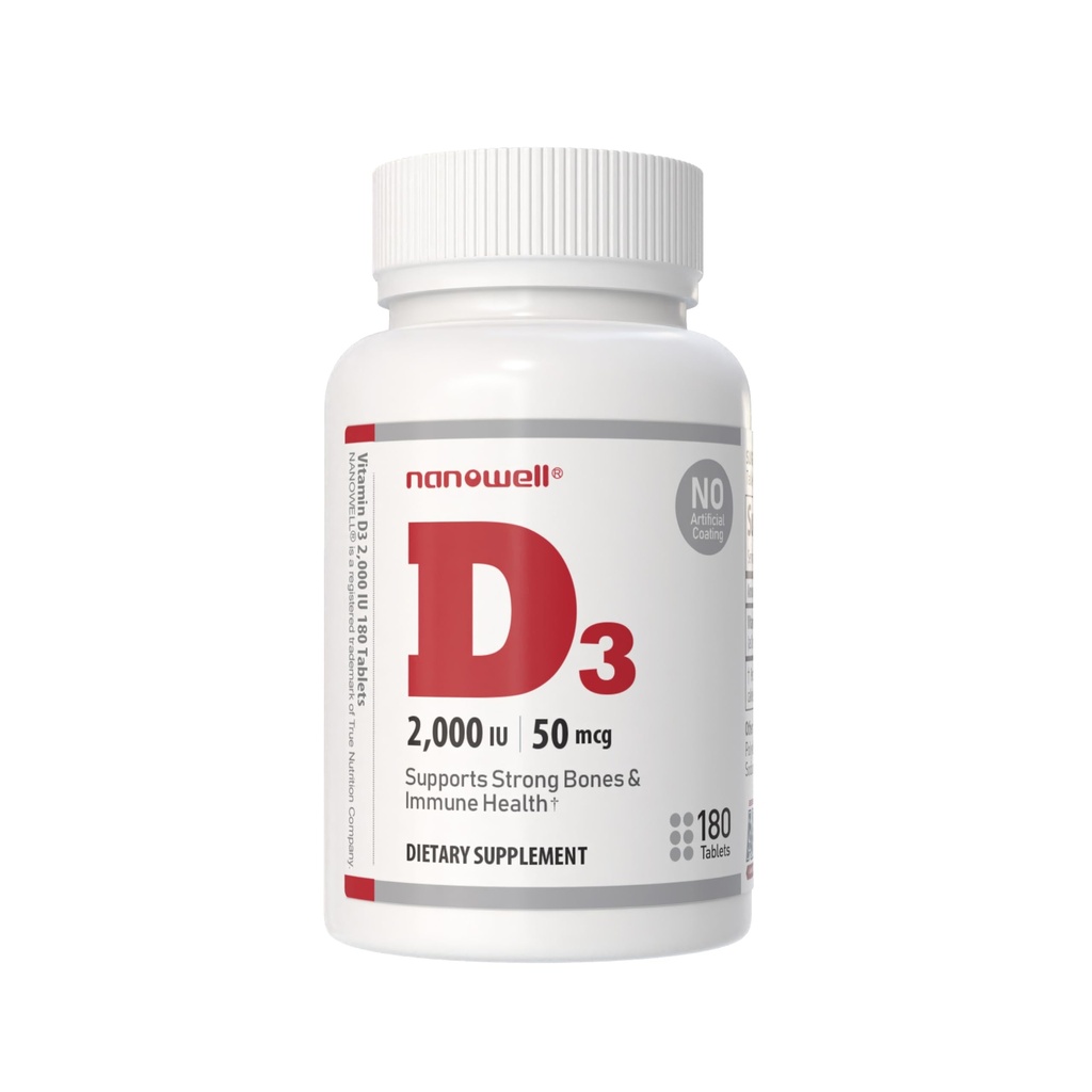 NANOWELL Vitamin D3 2000iu (50 mcg) - Bone, Muscle Health and Immune Support Supplement - 180 Tablets, 180 Day Supply
