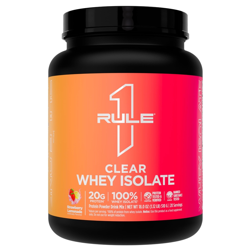 Rule 1 Proteins Clear Whey Isolate, Strawberry Lemonade, 20 Servings | 20g All-Whey Isolate Protein Mix, Over 9g EAAs, 90 Calories, Zero Sugar, Easy to Digest, Light, Crisp, and Refreshing Taste