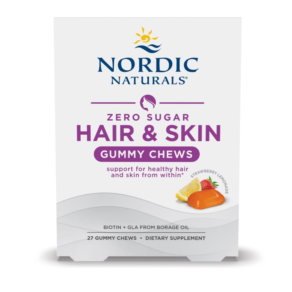 Nordic Naturals Zero Sugar Hair & Skin Gummy Kauwen, Aardbei Lemonade - 27 Gummy Kauwen - Biotin + GLA van Borage Oil - Promoot gezonde balans van vetten in de huid - Non-GMO - 27 porties