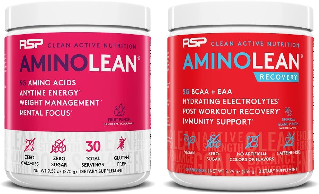 RSP NUTRITION AminoLean Pre Workout Energy (Fruit Punch 30 Servers) met AminoLean Recovery Post Workout Boost (Tropical Island Punch 30 Servers)