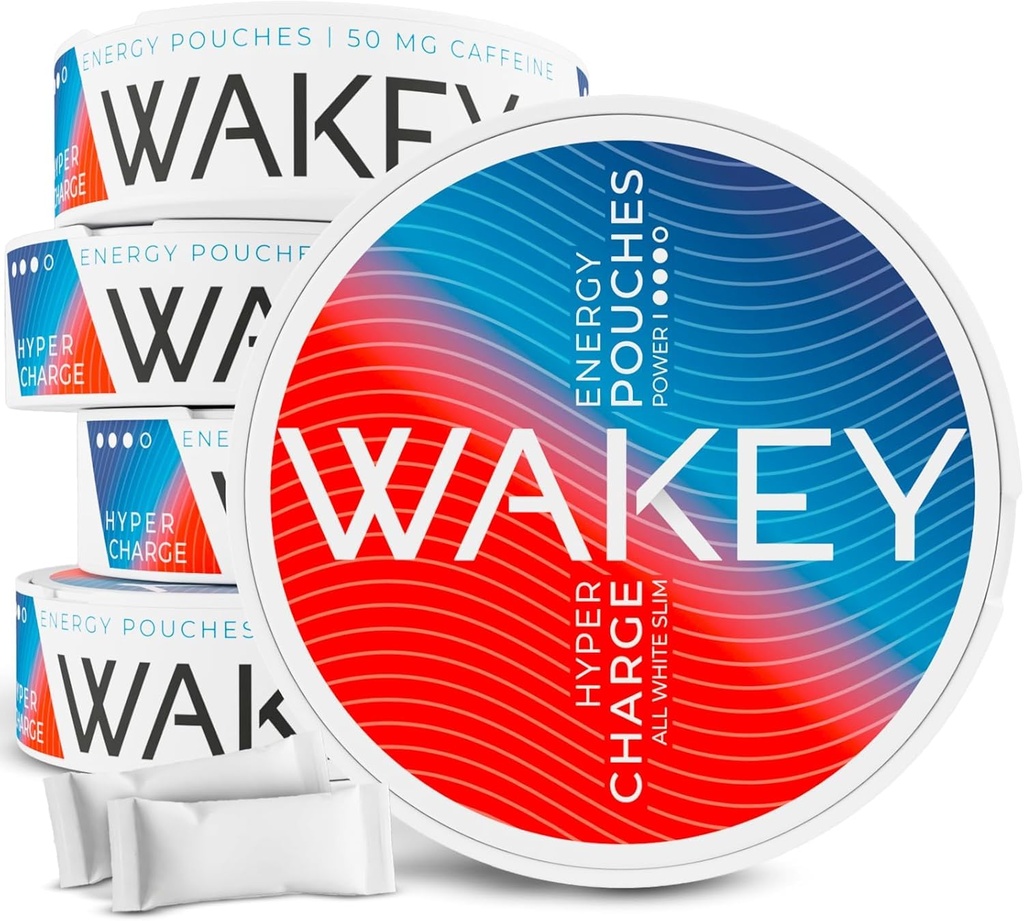 Wakey Energy Pouches | 50mg Caffeine | Vitamin A, C, D, B12, Thiamin (Vitamin B1) | No Sugar - 20 Nicotine Free Pouches (5 Pack) (Hyper Charge 50mg)