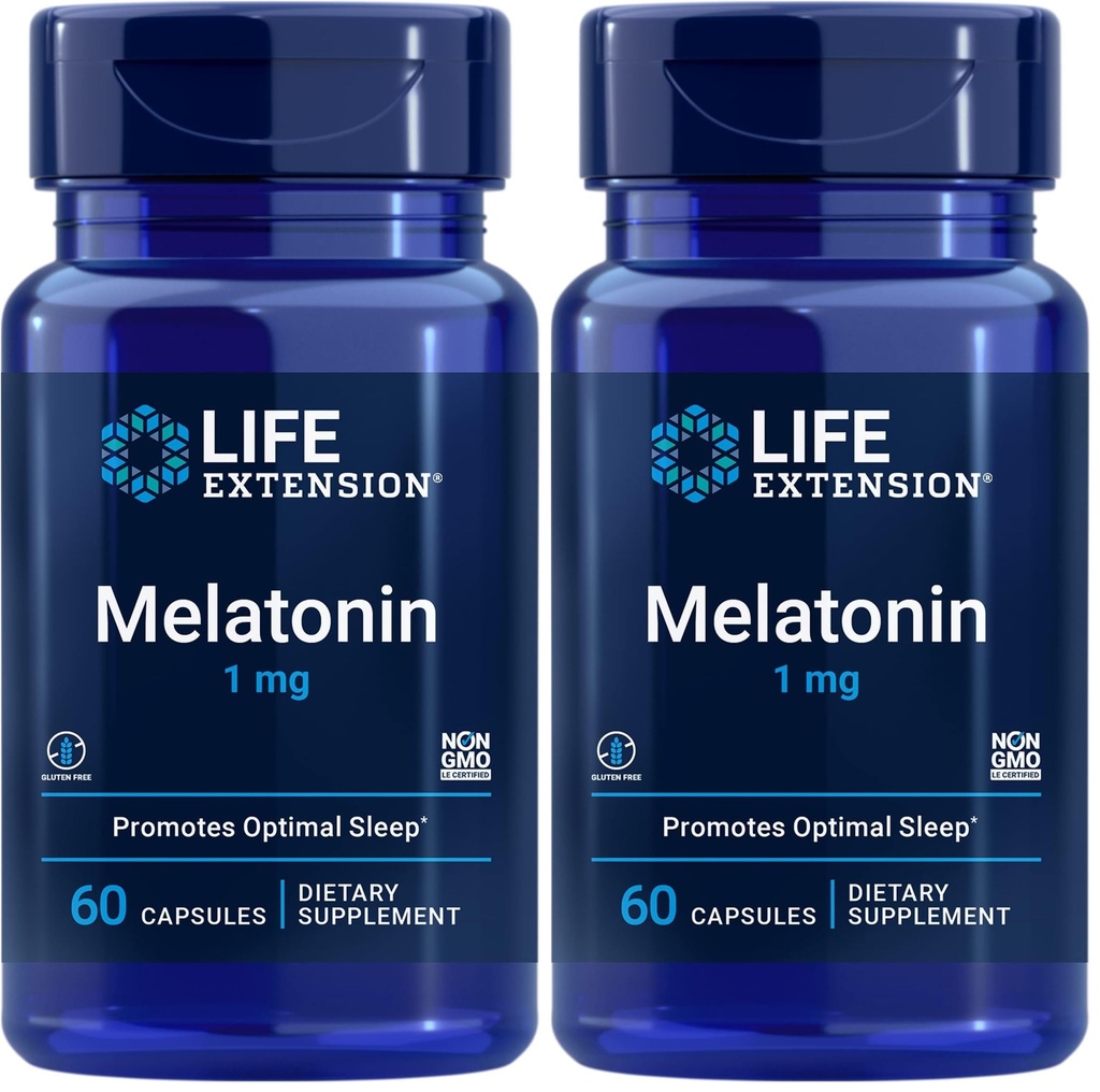 Life Extension Melatonin 1 mg - for Restful Night, Hormone Balance, and Immune Health - Immediate Release - Gluten-Free, Non-GMO - 60 Capsules (Pack of 2)