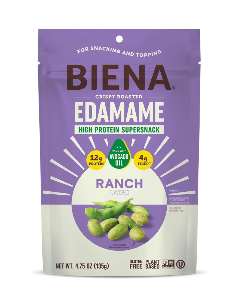 Biena Edamame Beans Snack (Ranch) – High Protein Snacks - 12g Protein per Serving - Crunchy Roasted Edamame Beans Made with Avocado Oil – Vegan, Low Carb, Gluten-Free – 4-Pack, 4.75oz Bags