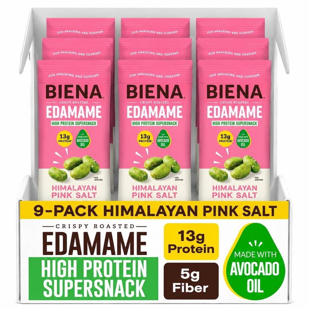 Biena Edamame Beans Snack High Protein Snacks – Healthy Office Snacks For Adults and Kids, 13g of Protein, 130 Low Calorie, Crunchy Edamame, Vegan, Low Carb, Gluten-Free, Himalayan Pink Salt 9 pk