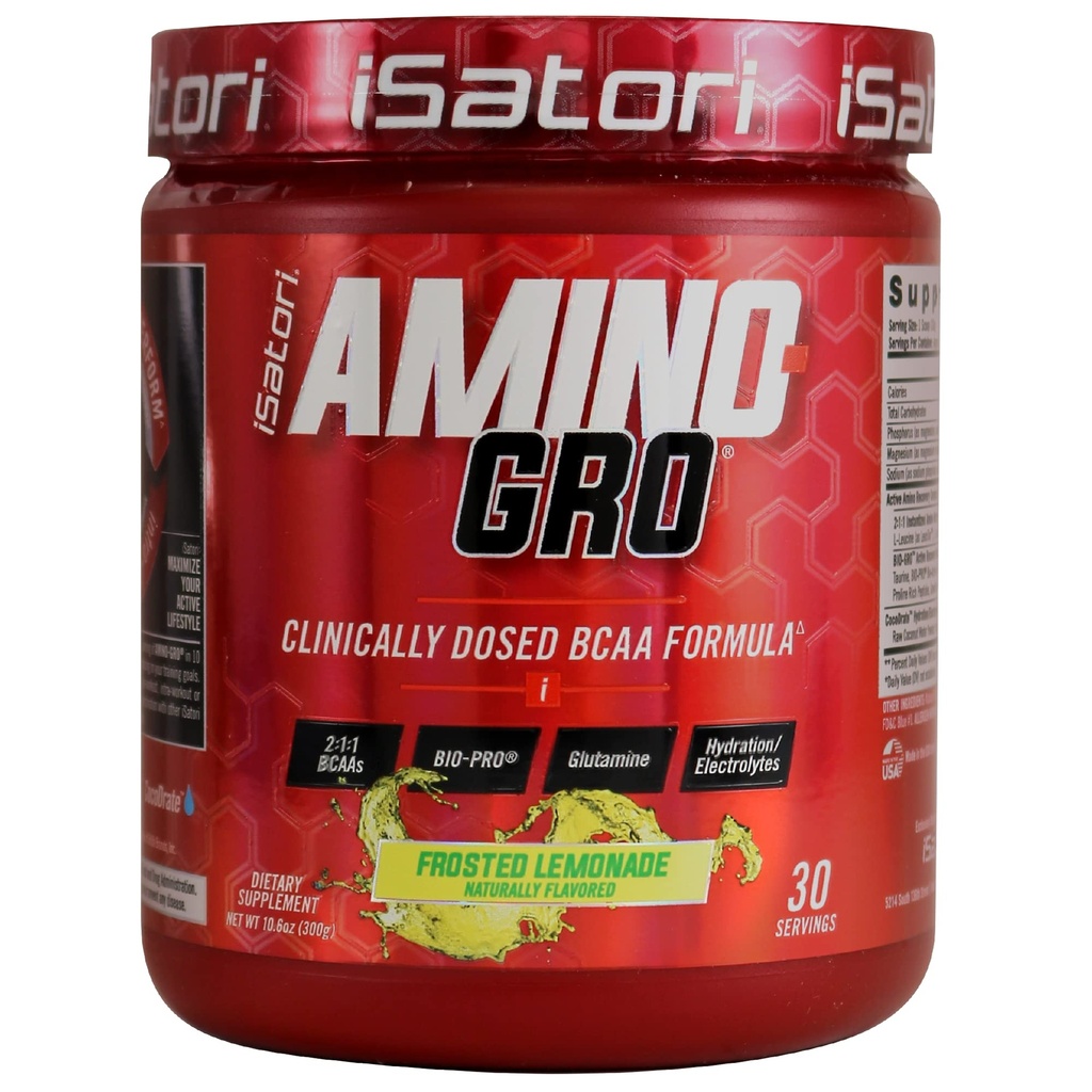 iSatori Amino-GRO BCAA Powder, vertakte ketenAminozuren met Glutamine, Electrolyte Powder & Bio-GRO Bio-Active Peptides for Muscle Growth & Post Workout Recovery, Frosted Limonade (30 Servers)