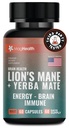 Lion's Mane & Yerba Mate Capsules 4-in-1 Nootropic Supplement | Organic Lion’s Mane Mushroom for Focus, Clean Energy (75mg Caffeine) + Ashwagandha & Black Pepper | 60 Day Supply