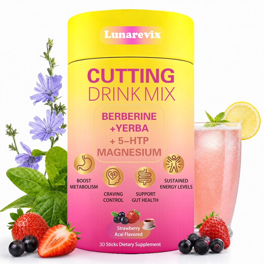 Cutting Drink Mix with Berberine, Yerba Mate, 5-HTP, Magnesium, Strawberry Acai Flavor,Supports Satiety Signaling, Energy & Gut Health, 30 Sticks