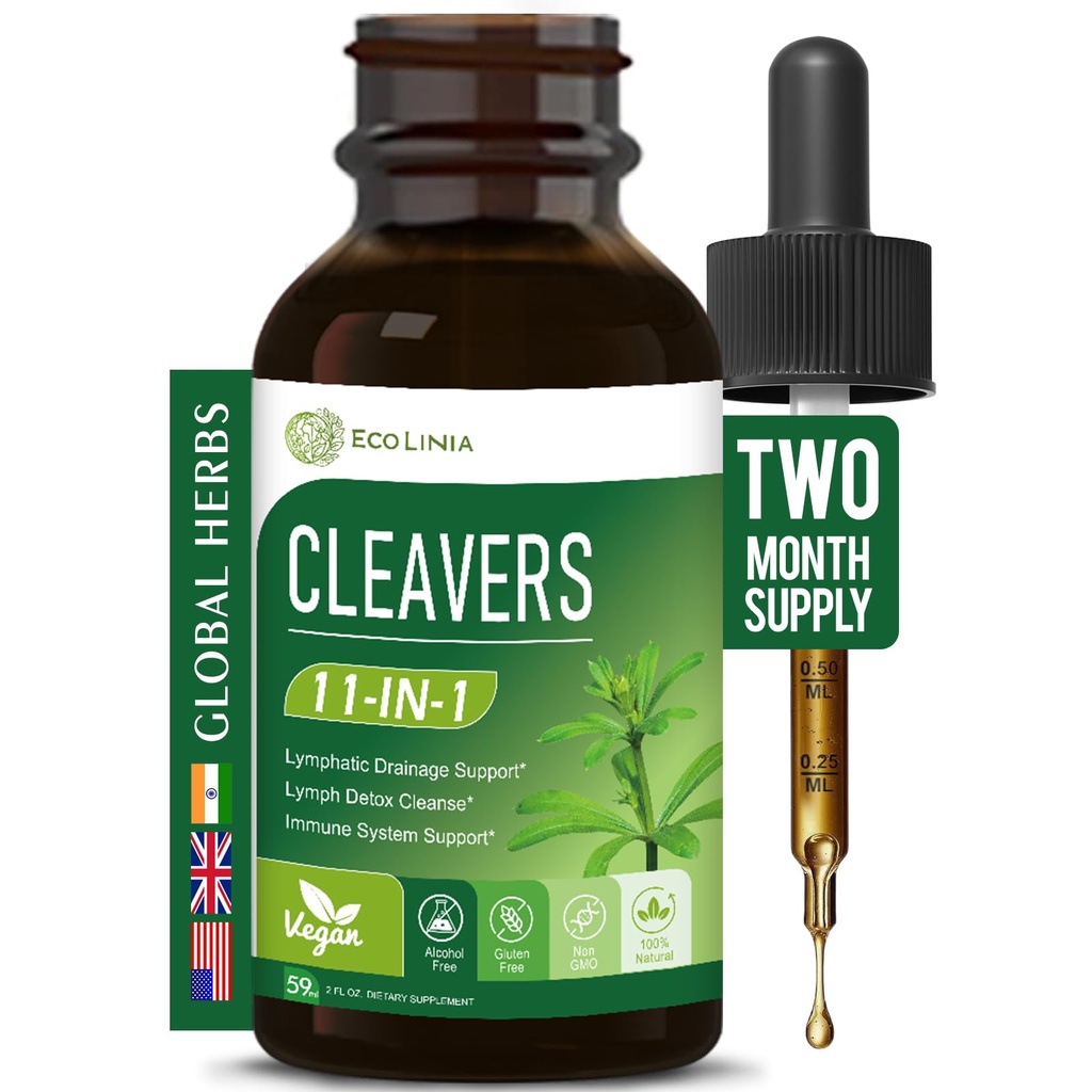 Cleavers Extract Drops for Lymphatic Drainage & Immune Sytem Support, 11-in-1 Blend with Turmeric & Elderberry, Fast-Absorbing Tincture | Gluten-Free Alcohol-Free Vegan Herbal Liquid | 2 oz