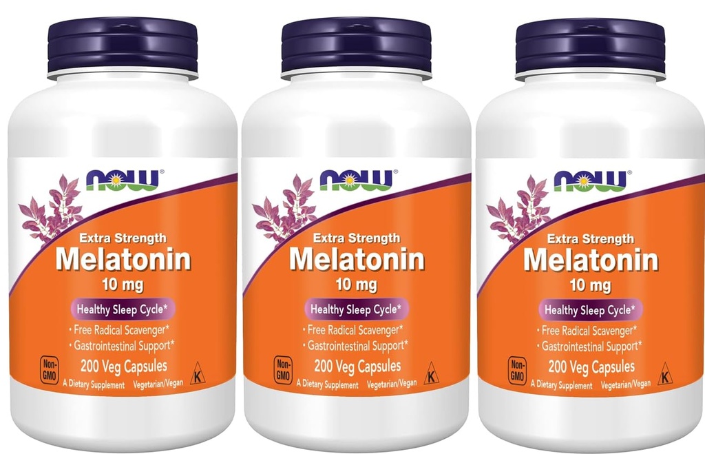 NOW Foods Supplements, Melatonin, Extra Strength 10 mg, Free Radical Scavenger*, Healthy Sleep Cycle*, 200 Veg Capsules (Pack of 3)