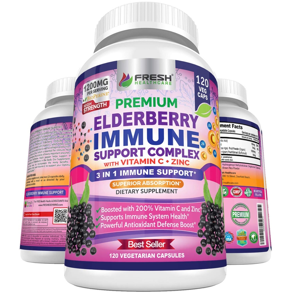 FRESHARE Vlierbes Capsules - Hoge Potentie Zwarte Vlierbes met Zink en Vitamine C - Premium 3-in-1 Immune Ondersteuning Vitaminen voor Volwassenen