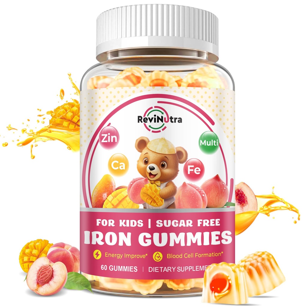 Iron Supplement Gummies for Kids - with Calcium, Zinc, Kids Multivitamin with Iron Gummies - Immune Support, Blood Builder & Energy Support for Iron Deficiency, Anemia, Peach & Mango Flavor, 60 Count