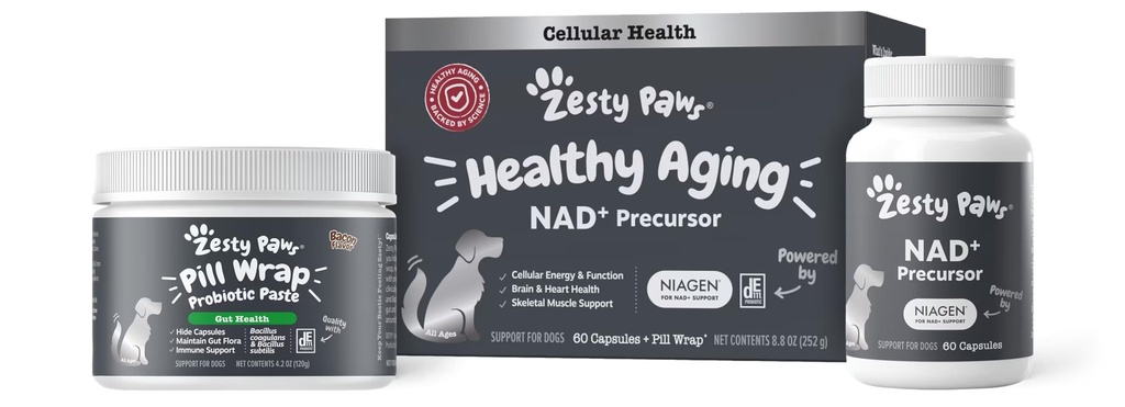 Zesty Paws NAD+ Precursor Supplement for Dogs - Niagen for Healthy Aging & Skeletal Muscle Support & Recovery - Soutien de l'énergie cérébrale, cardiaque et cellulaire - Chlorure riboside de Nicotinamide - 60 capsules