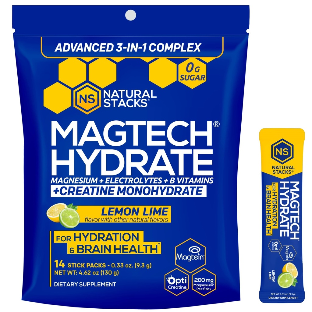 NATURAL STACKS Magtech Magnesium Hydrate + Creatine - Sugar Free Electrolyte Drink - Magtein Magnesium L-Threonate, Glycinate & Taurate - Supports Hydration & Cellular Energy - 14 Hydration Packets