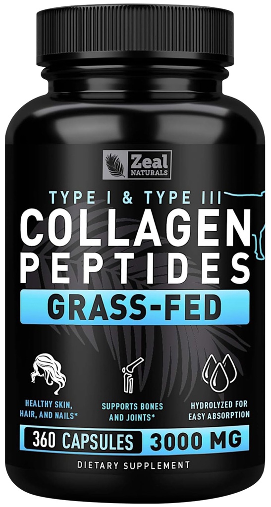 Zeal Naturals Collagen Peptides Collagen Pills (360 Capsules) Poudre de Pépétide de Collagène herbeux - Poudre de Collagène hydrolysée pour Supplément de Tendon articulaire