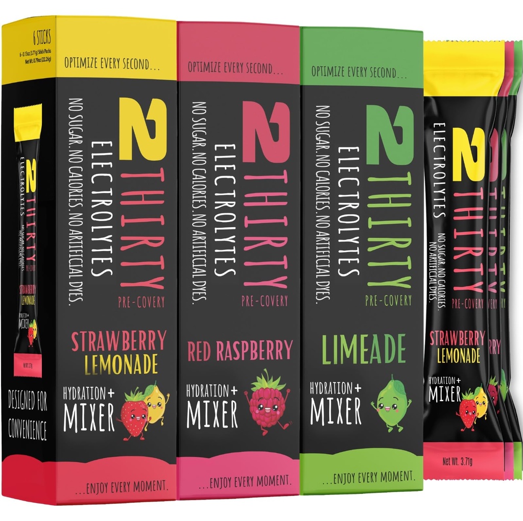 2THIRTY Hydration + Mixer Variety Pack — DHM Alternative Electrolyte Powder Packets | Sugar Free Zero Calorie 5-in-1 Hydration & Recovery Drink | Limeade, Strawberry Lemonade & Raspberry | 18 Sticks