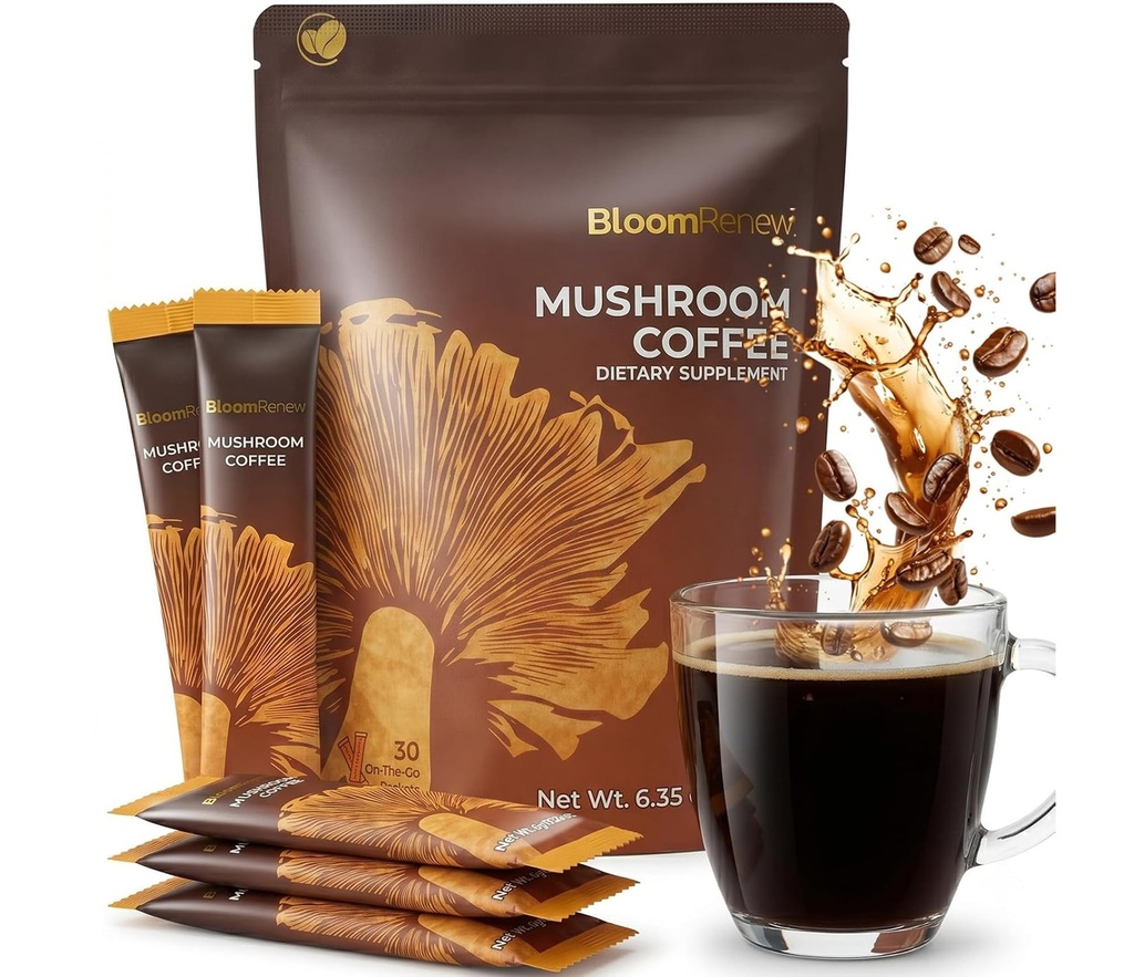 BloomRenew Mushroom Coffee, No Grit Fruiting Body Extract, 30 Stick Packs | No Earthy Aftertaste Mushroom Coffee with Lion’s Mane & Turkey Tail for Focus, Energy, Quick Dissolve, 6 Adaptogenic Mushroom