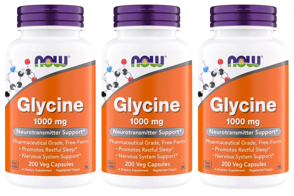 NOW Foods Glycine 1000mg, Free-Form Pharmaceutical Grade, Neurotransmitter Support*, Promotes restful Sleep*, Gluten Free, Vegan, Kosher 200 Vegetarian Capsules (Pack of 3)