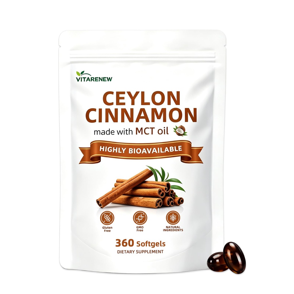 Organic Ceylon Cinnamon Softgels–10:1 Extract with MCT Oil,360 Count (120-Day Supply), Non-GMO, Soy & Gluten Free–Energy & Metabolism Support