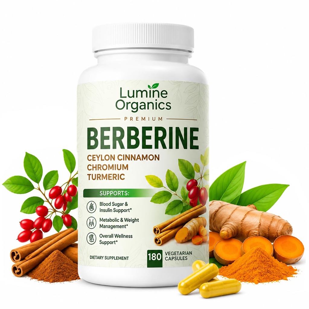 1 Bottle - Lumine Organics Berberine with Ceylon Cinnamon - 4 in 1 Complex,Vegan, Non-GMO,180 Capsules
