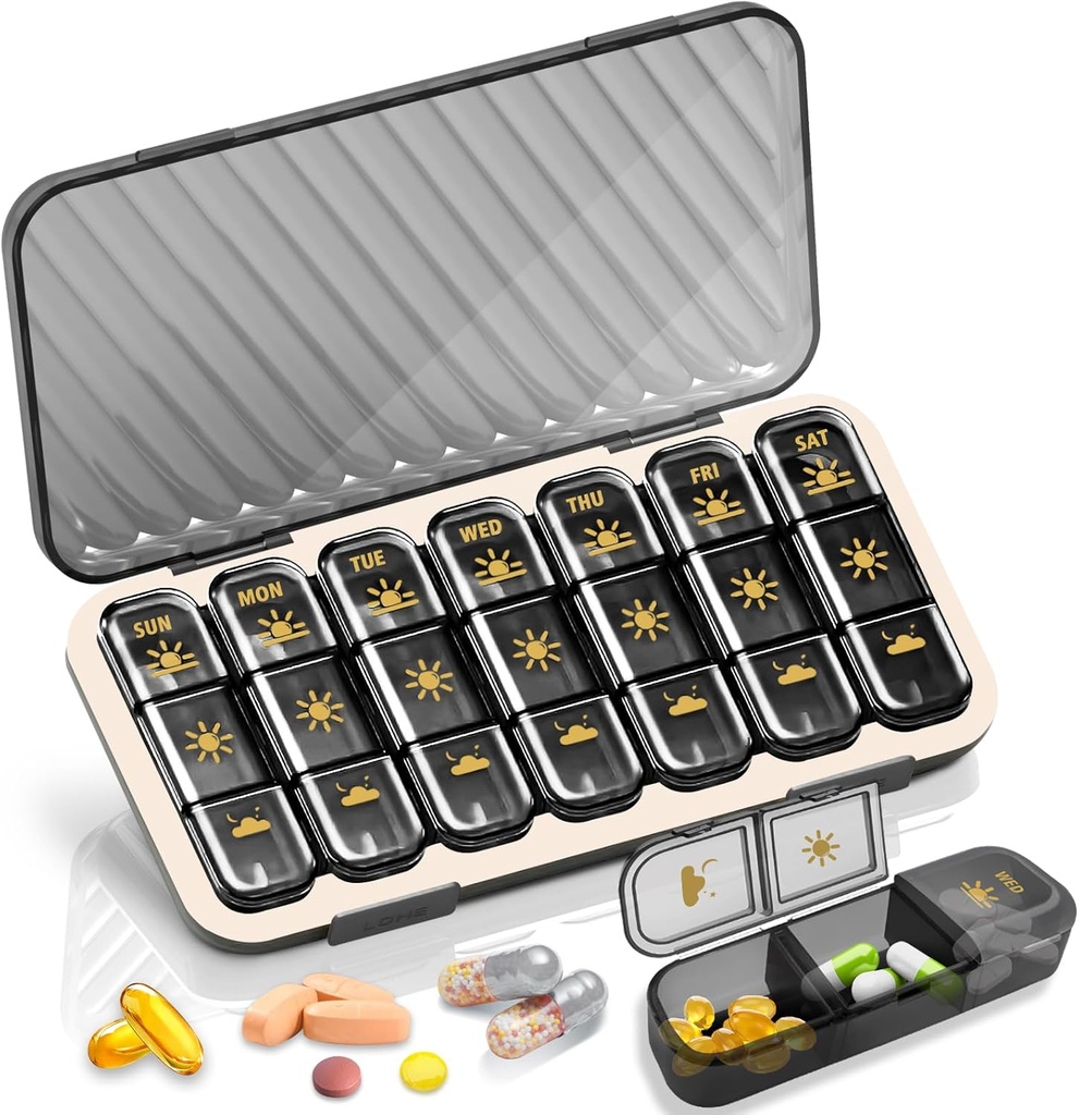 Honorateur de pilules hebdomadaires 3 fois par jour, GloDeals grand voyage Pill Box 7 Jour, Am Pm trois cas de pilules quotidiennes avec contenant de médecine amovible, support de pilule pour la vitamine, supplément, huile de poisson, noir