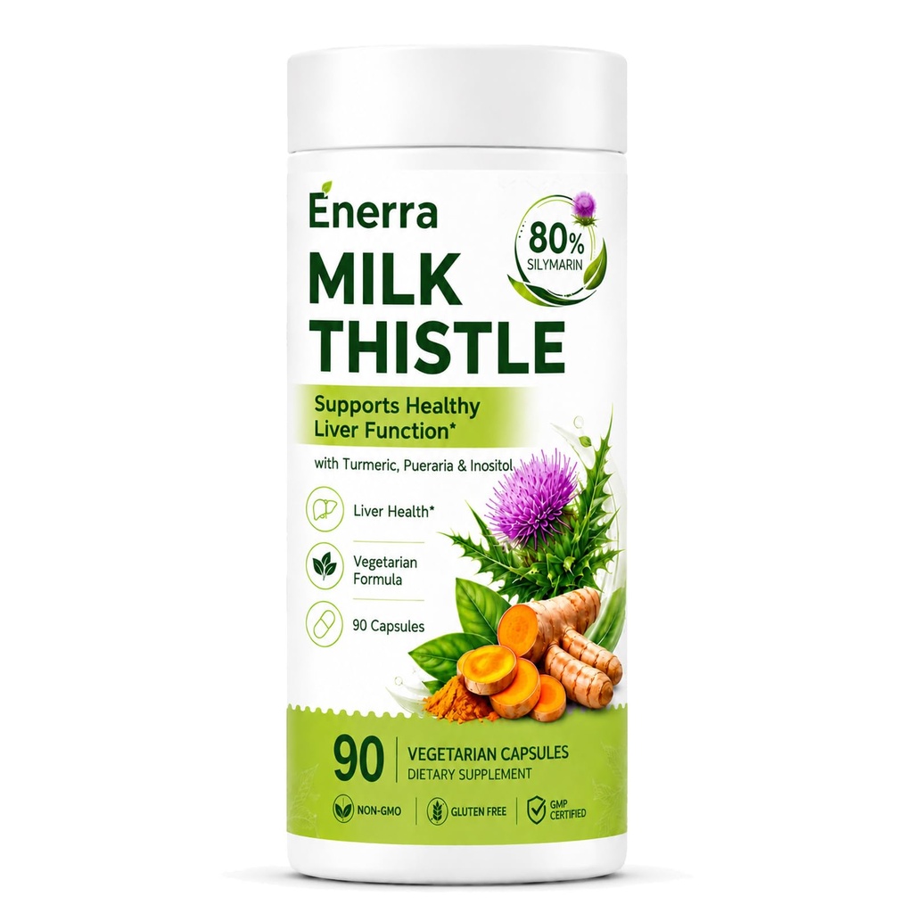 Enerra Milk Thistle - 80% Silymarin Formula, Enerra Milk Thistle Liver Detox & Colon Cleanse, with Turmeric, Inositol & Pueraria, Support Liver Health, Non-GMO, Gluten-Free, 90 Capsules