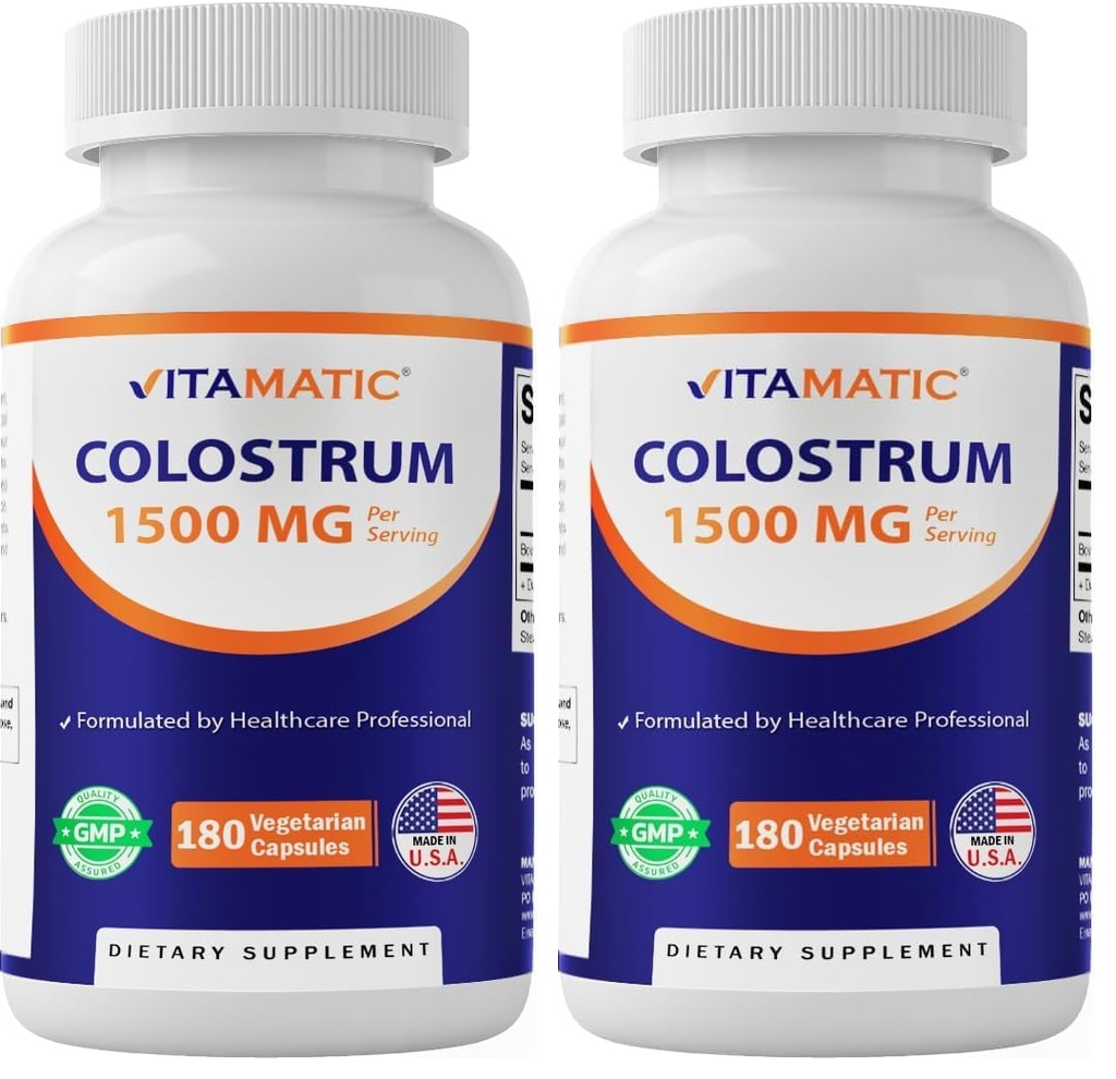 Vitamatic Bovine Colostrum 30% IgG Supplement 1500 mg per Serving - Supplement for Gut Health, Hair Growth, Beauty, Muscle Recovery, & Immune Support - 180 Veg Capsules (Pack of 2)