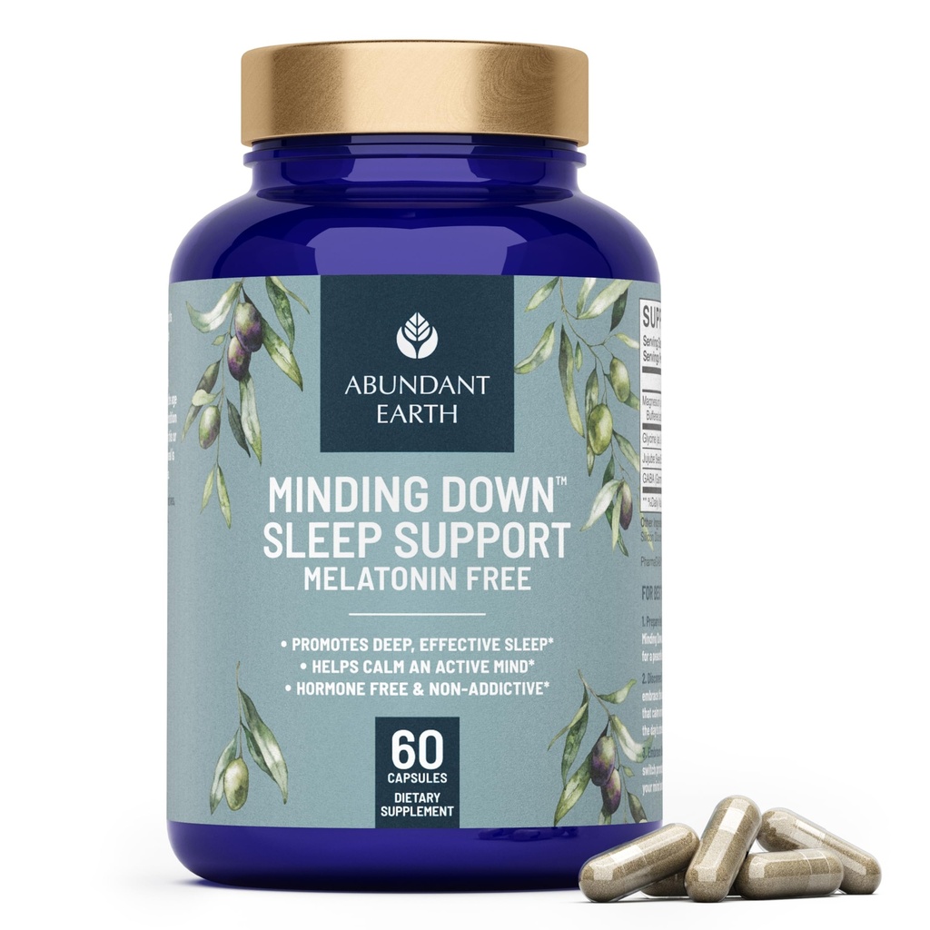Abundant Earth Natural Sleep Aid for Adults Minding Down Sleep Support Supplement Max Strength Deep Sleep Supplement Without Melatonin to Calm & Restore the Sleeping Cycle + Magnesium, GABA 60ct