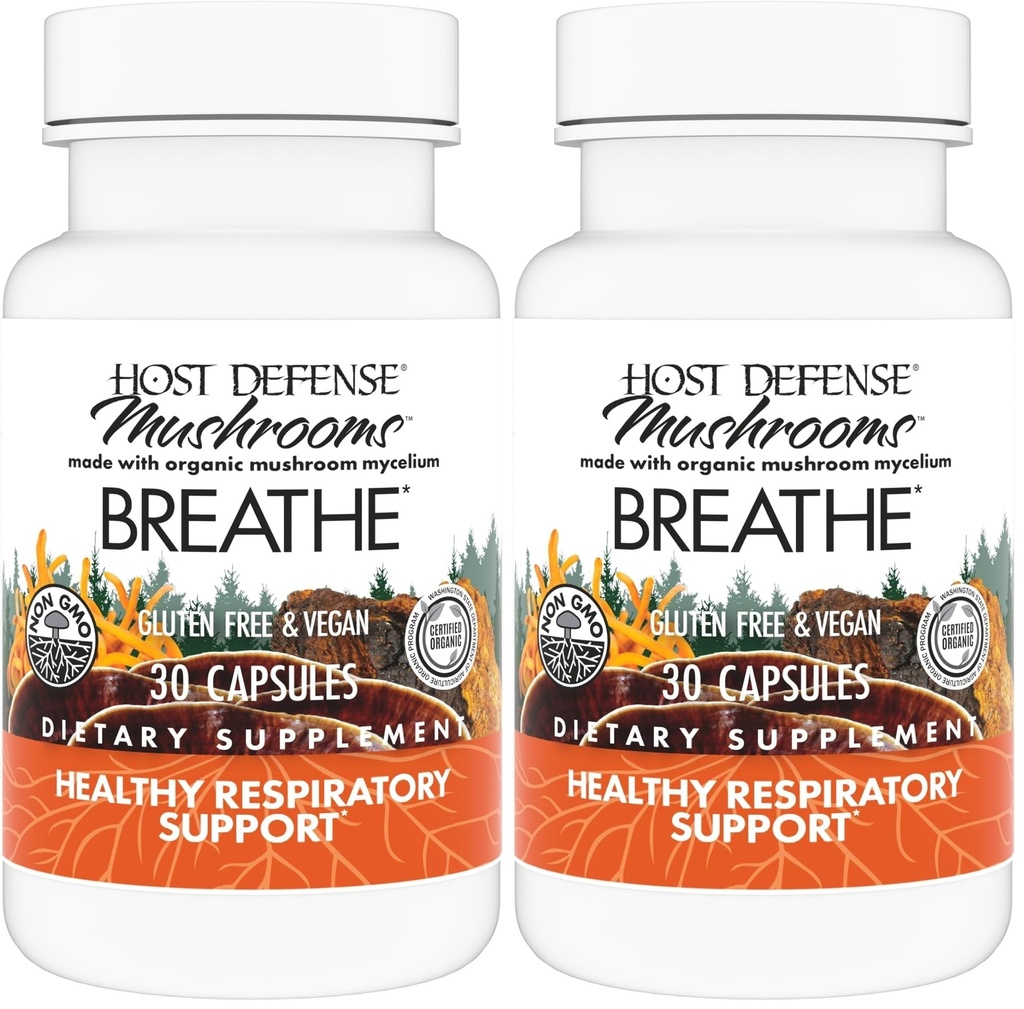 Host Defense Breathe* Capsules - Immune & Respiratory Support Mushroom Supplement - Herbal Lung Health Supplement with Chaga, Reishi & Cordyceps - 30 Capsules (15 Servings)* (Pack of 2)