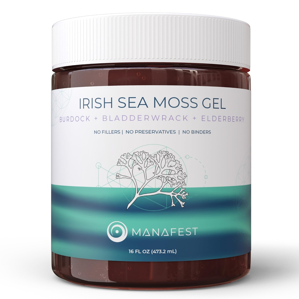 Manafest Sea Moss Gel - Elderberry, Burdock, and Bladderwrack - Organic Irish Sea Moss - 100% Wildcrafted Sea Moss for Smoothies, Green Drinks, and Teas - 16oz Jar | Organic Irish Sea Moss, 100% Natural, For Smoothies Green Drinks & Teas