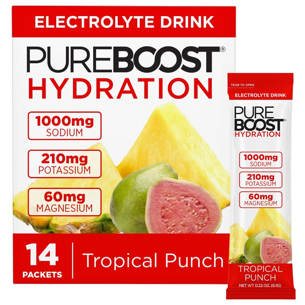 Pureboost Sugar Free Electrolyte Hydration Powder Packets – Tropical Punch, 14 Count – Zero Calories – Fast Hydration Drink Mix with 1000mg Sodium, Potassium & Magnesium
