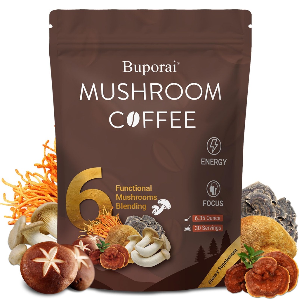 Mushroom Coffee, Instant Mushroom Coffee with 6 Mushrooms Lion’s Mane, Cordyceps, Turkey Tail & Other for Energy, Focus, Digestion, Immunity, 30 Servings (1 Pack)