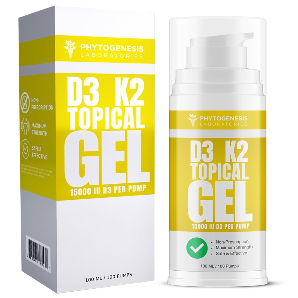 Vitamine D3 K2 Topische gel met maximale sterkte - 15000+ IE per pomp - Het vitamine zonneschijn - Ondersteunt bot & Joint Health, Immune Support - One Month Supply