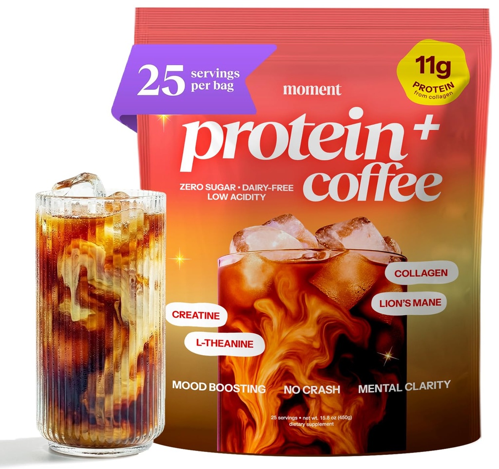 Moment High Protein Mushroom Coffee with Creatine – Zero Sugar, Low Acidity Instant Protein Coffee Powder with Lion’s Mane, Reishi & L-Theanine for Energy, Focus & Mental Clarity-25 Servings