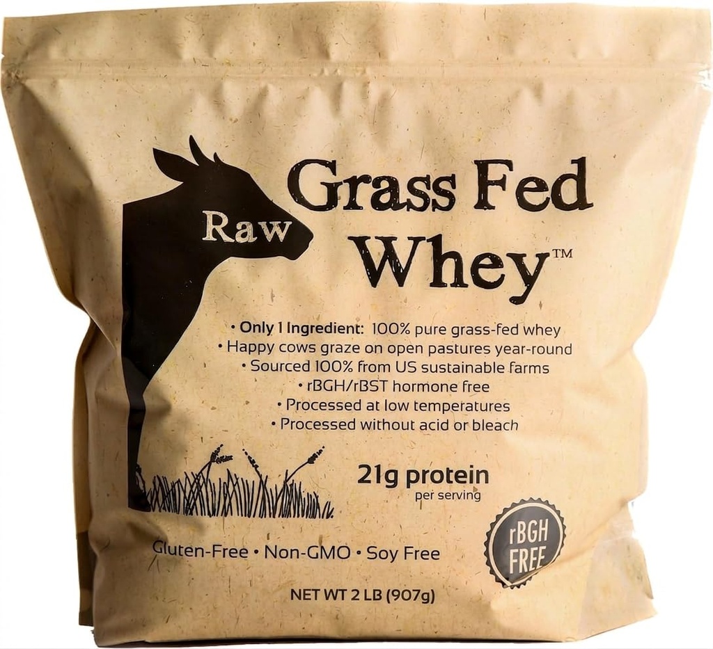 Raw Grass Fed Whey Protein Powder – Unflavored, Only 1 Ingredient: Grass-Fed Whey from Happy, Healthy Cows – Undenatured, Non-GMO, Hormone-Free, Gluten-Free, Made in USA, 2LB