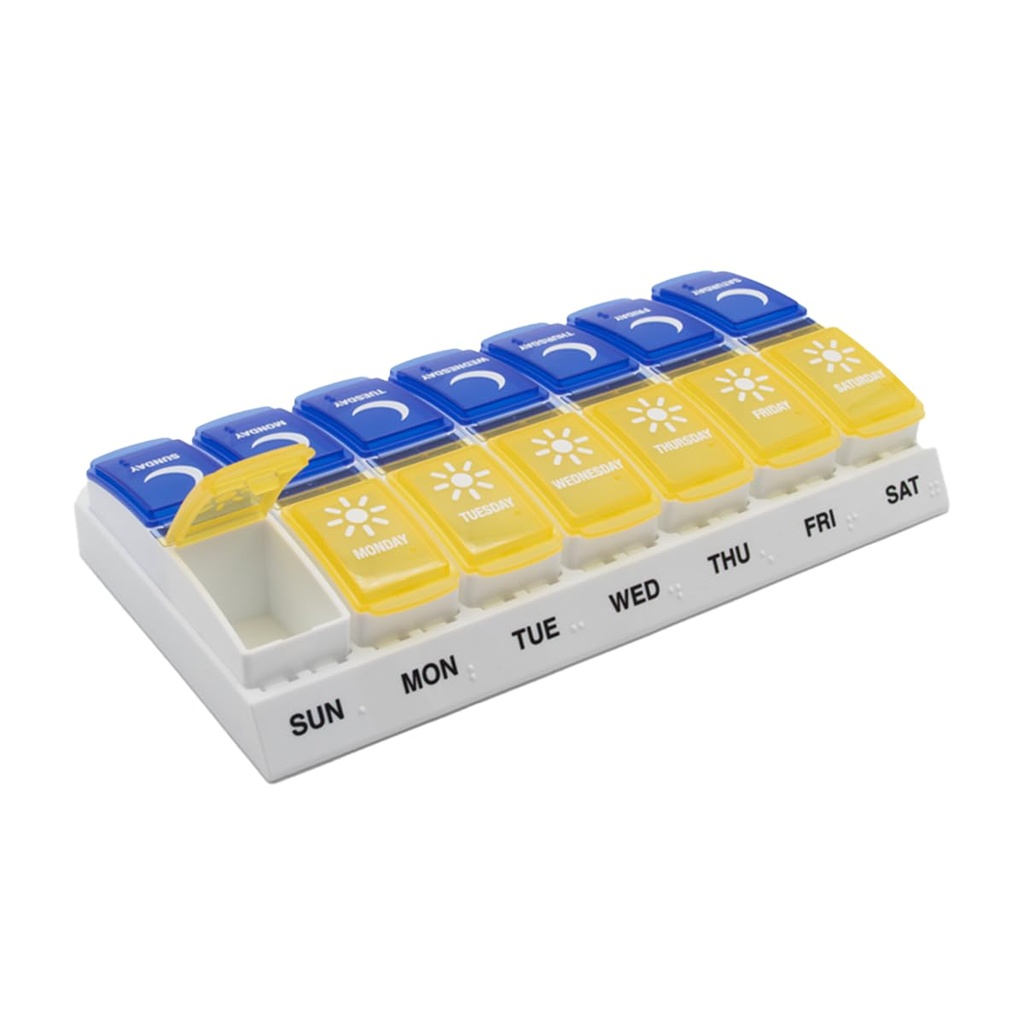 EZY DOSE Weekly (7-Dag) AM/PM Pillen Organisator, Dagelijkse Vitamine Container en Medicine Box, Grote Pop-Out Compartments, Ontworpen voor reizen, 2 keer per dag, Blue en Yellow Lids