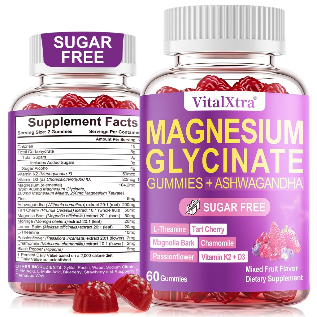 Sugar-Free Magnesium Glycinate Gummies, 13-in-1 Magnesium Gummies for Adults & Kids, with Ashwagandha, L-theanine, Zinc for Muscle Relaxation, Bone Support & Heart Health, Non-GMO, 60 Count